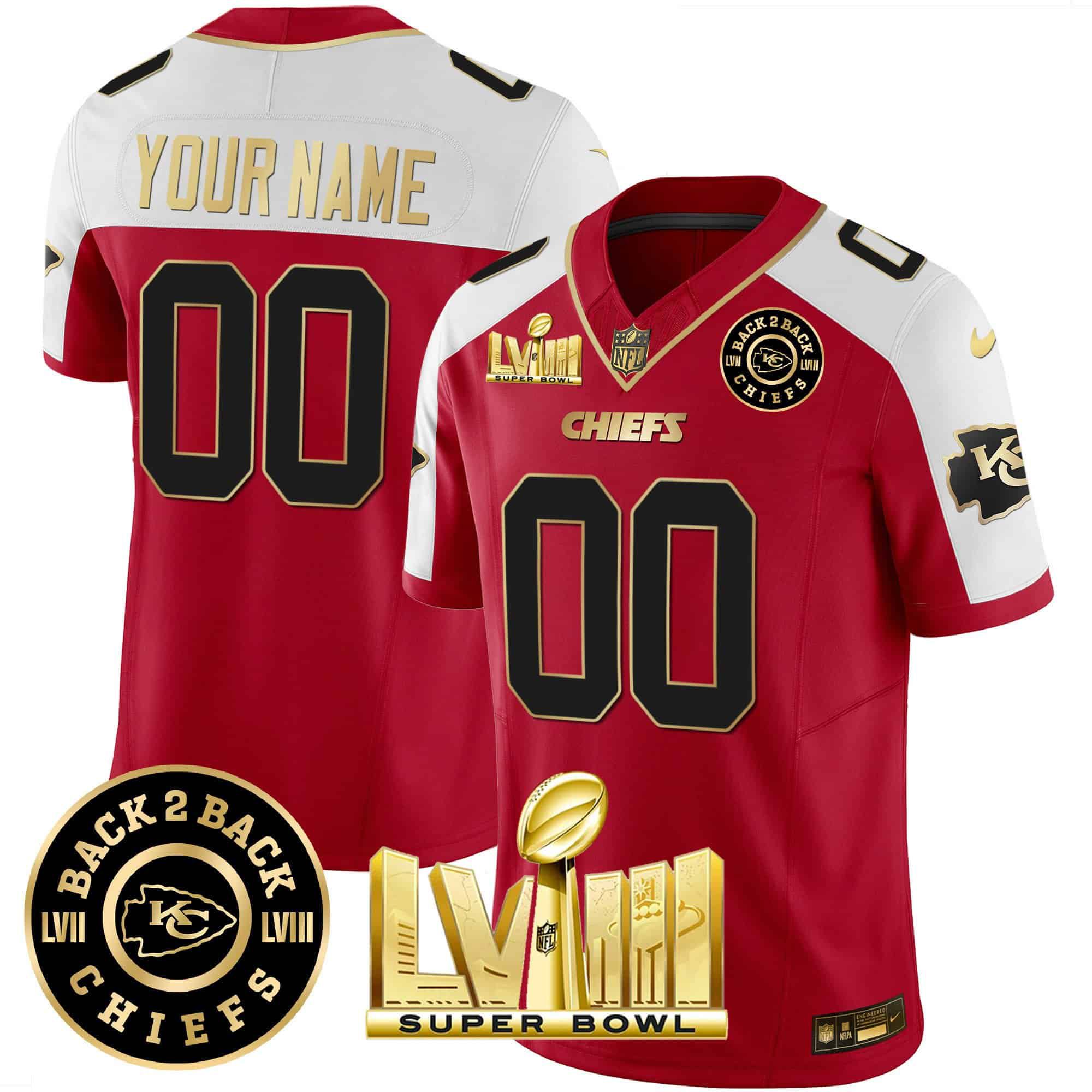 Men Kansas City Chiefs Red 2024 Nike Super Bowl LVIII & Back-2-Back Patch Vapor Custom NFL Jersey